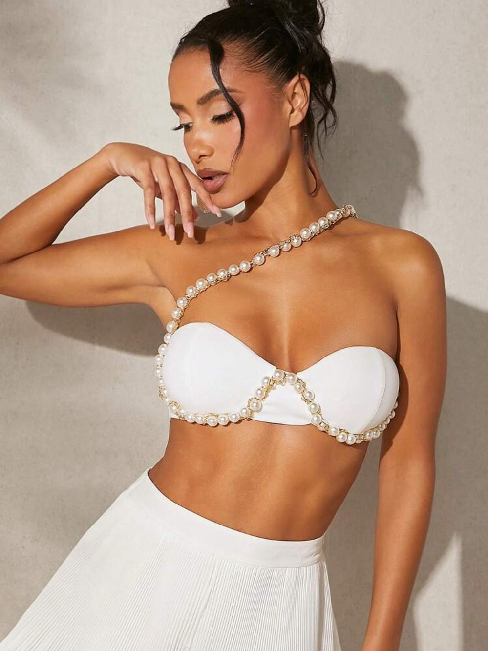 Pearl-Embellished White Strapless Bustier Top - Bridal Bachelorette Size Large